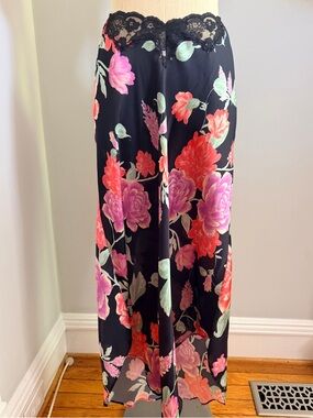 Free People Black Midi Skirt with Pink & Red Floral Print